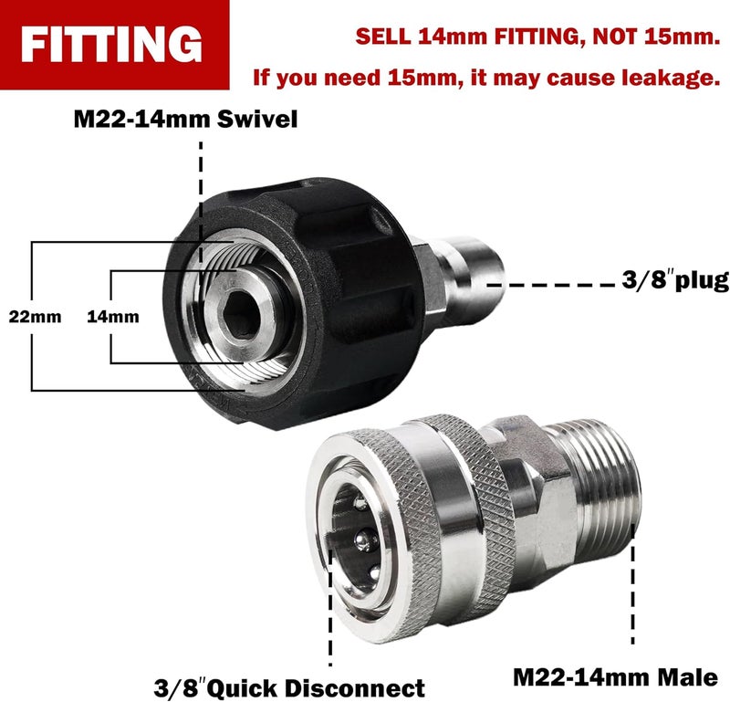 LIULO TOOL Pressure Washer Quick Connect Kit, Stainless Steel Quick Disconnect Kit, M22 Metric Male Thread Quick Connector, M22 14mm Swivel to 3/8" Quick Connect, 3/4" to Quick Release, 8 Pack - Image 3